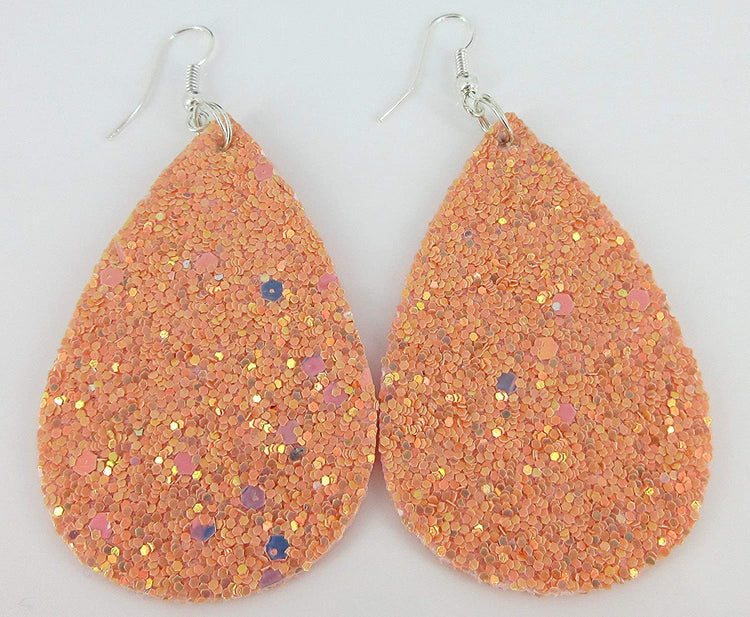 Pink Glitter Faux Leather Large Teardrop Dangle Earrings