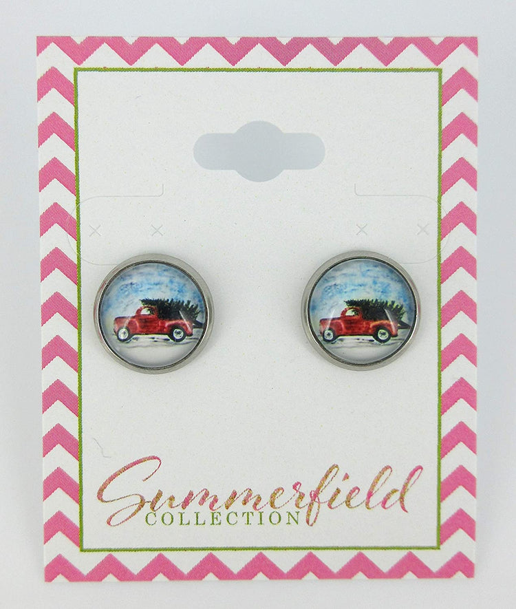Stainless Steel Red Truck Christmas Tree Print Glass Stud Earrings 12mm
