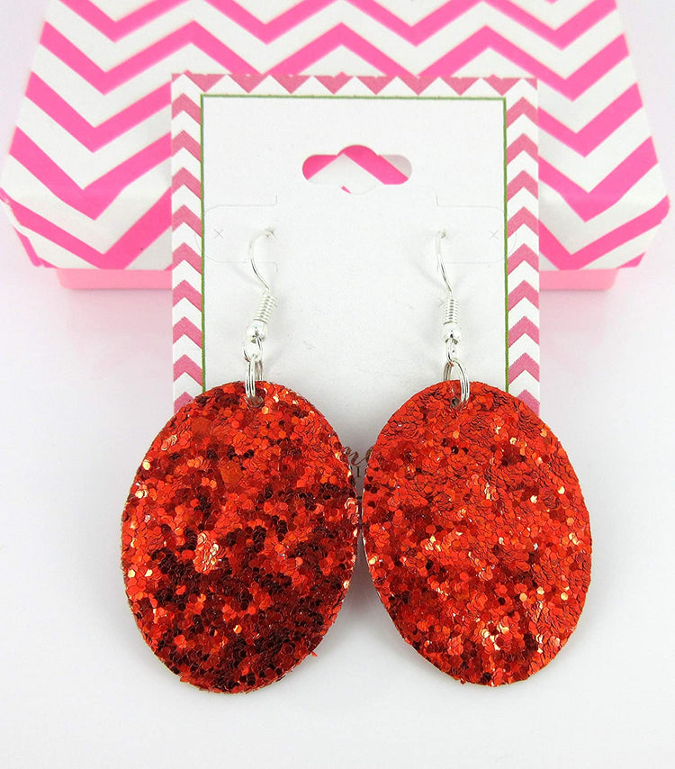 Red Glitter Faux Leather Oval Dangle Earrings