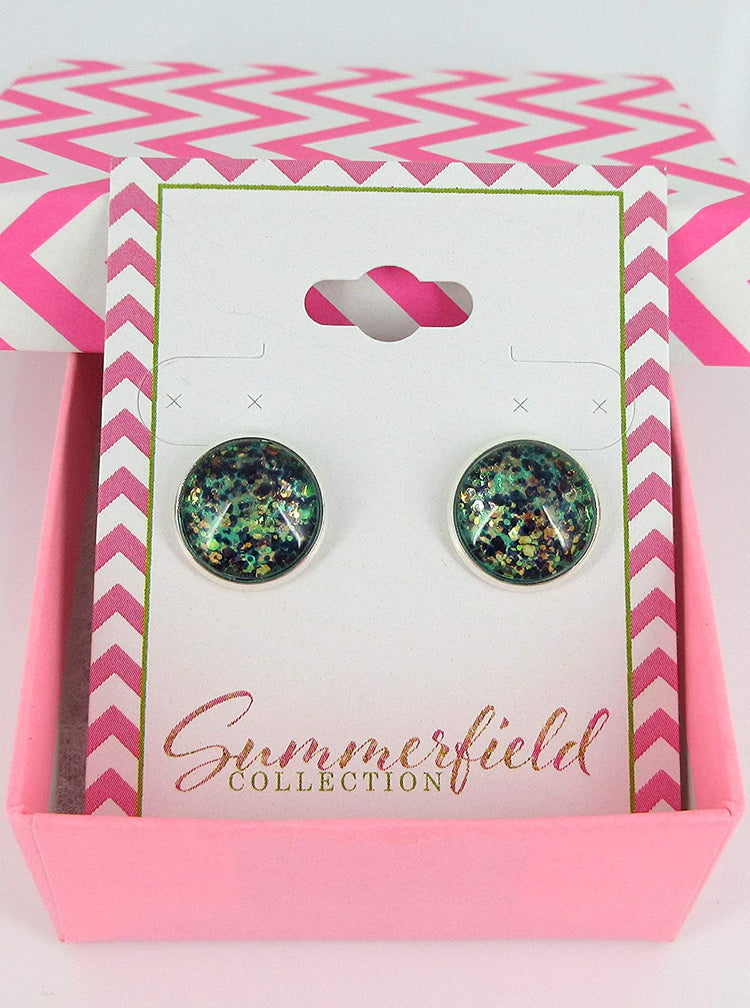 Silver-tone Mermaid Tail Glitter Glass Stud Earrings Hand-painted 12mm