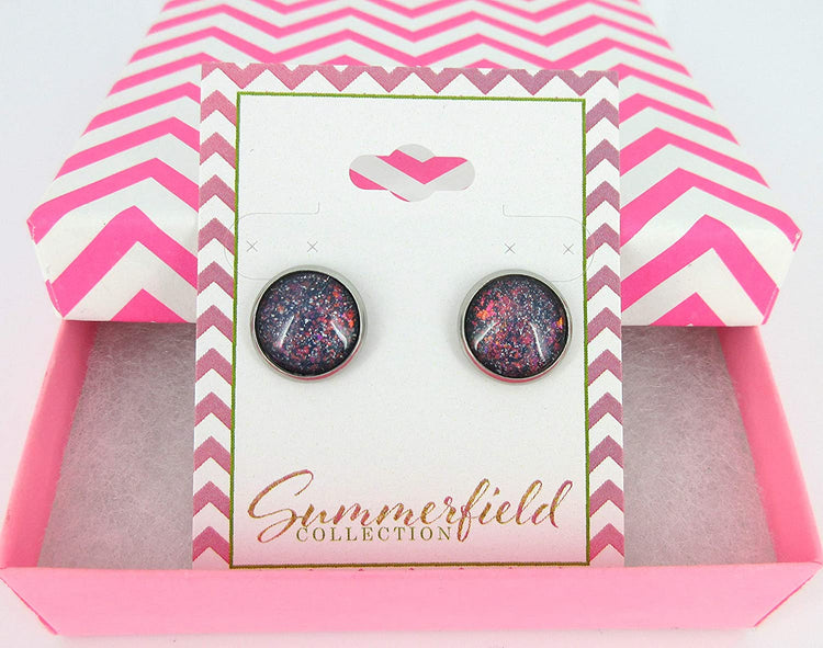 Stainless Steel Purple and Red Glitter Glass Stud Earrings Hand-painted 12mm
