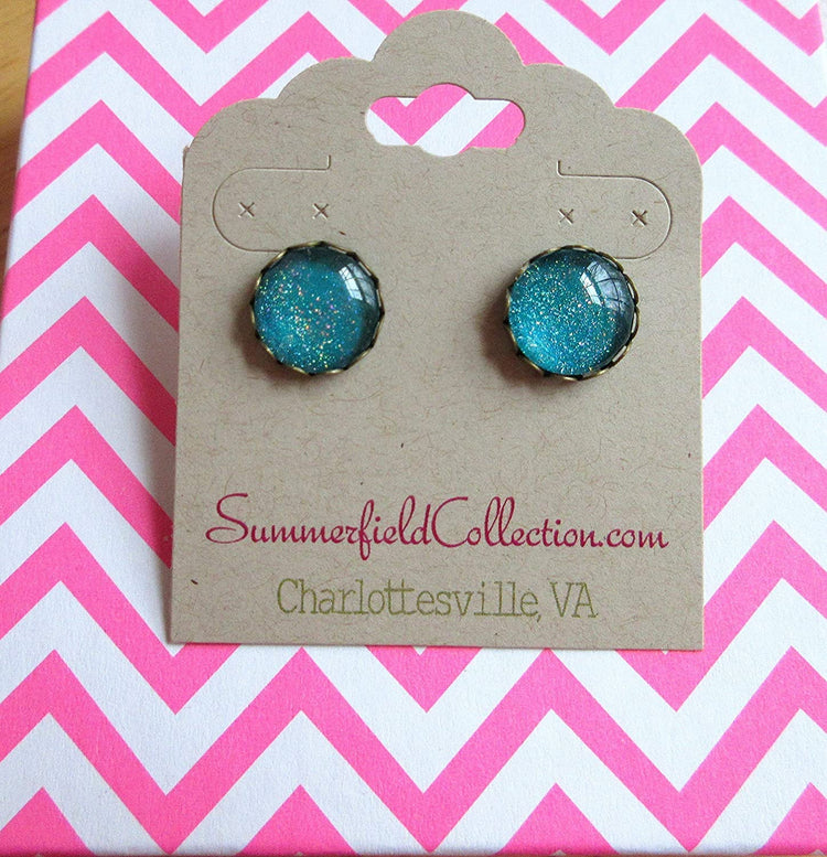 Antiqued Gold-tone Teal Blue Green Holographic Glitter Glass Stud Earrings Hand-painted 12mm