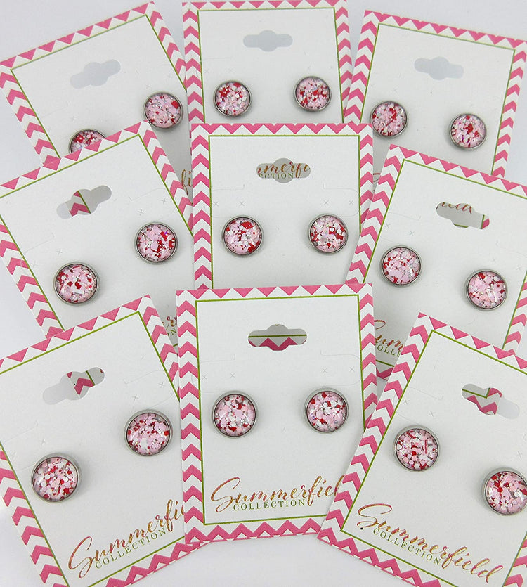 Stainless Steel Pink White Red Glitter Glass Stud Earrings Hand-painted 10mm