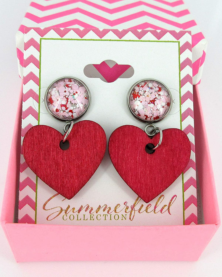 Stainless Steel Pink White Glitter Glass Red Heart Wood Drop Earrings