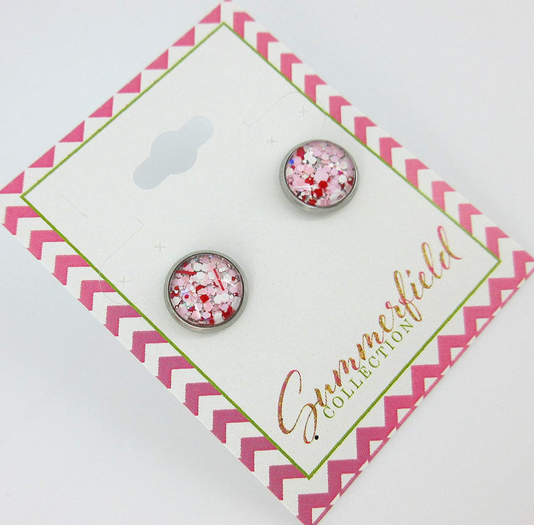 Stainless Steel Pink White Red Glitter Glass Stud Earrings Hand-painted 10mm