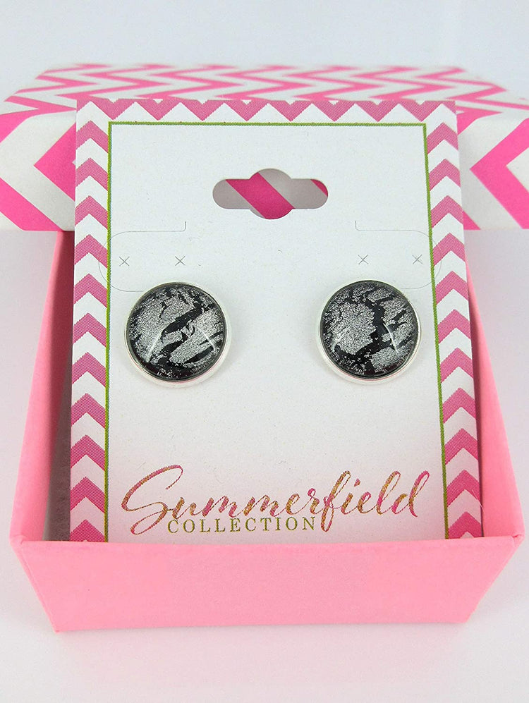 Silver-tone Black Shattered Glitter Glass Stud Earrings Hand-painted 12mm
