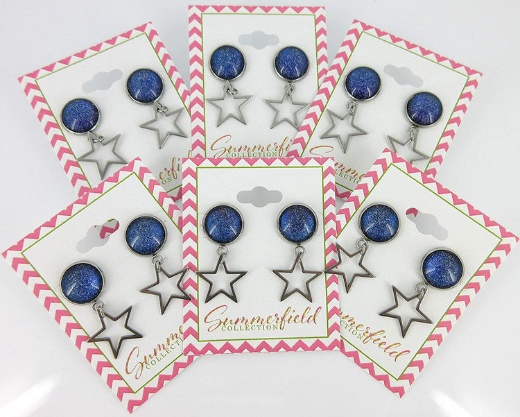 Stainless Steel Blue Galaxy Glitter Glass Stud and Star Drop Earrings