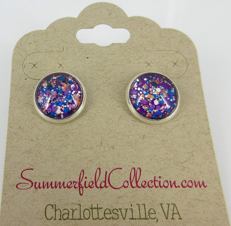 Silver-tone Purple and Multi Color Glitter Glass Stud Earrings Hand-painted 12mm