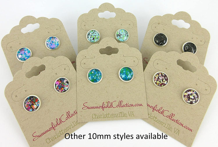 Silver-tone Burgundy Confetti Glitter Glass Stud Earrings Hand-painted 10mm