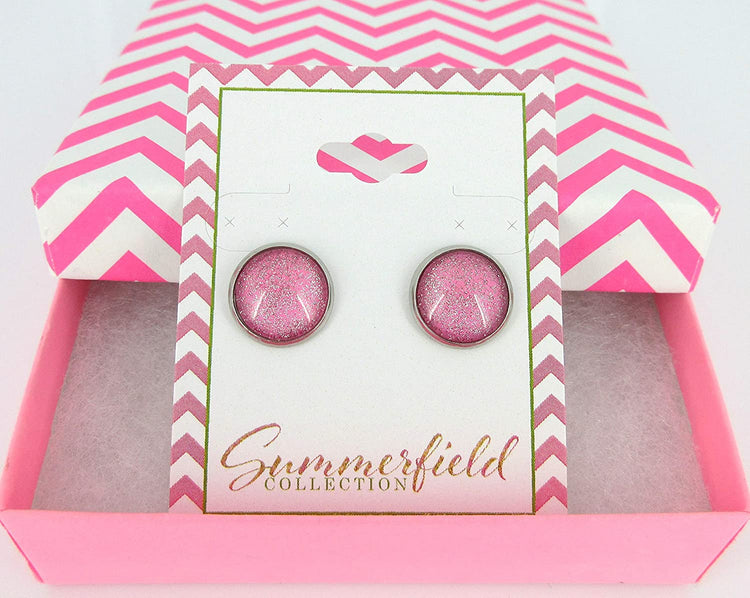 Stainless Steel Pink and Silver Glitter Glass Stud Earrings Hand-painted 12mm