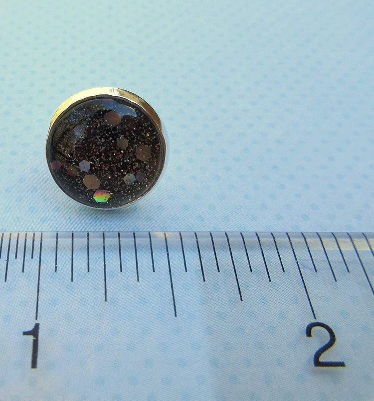 Silver-tone Black Holographic Glitter Glass Galaxy Stud Earrings Hand-painted 12mm