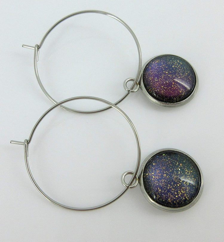 Stainless Steel Blue Purple Gray Glitter Glass Charm Hoop Earrings Hand-painted 1"