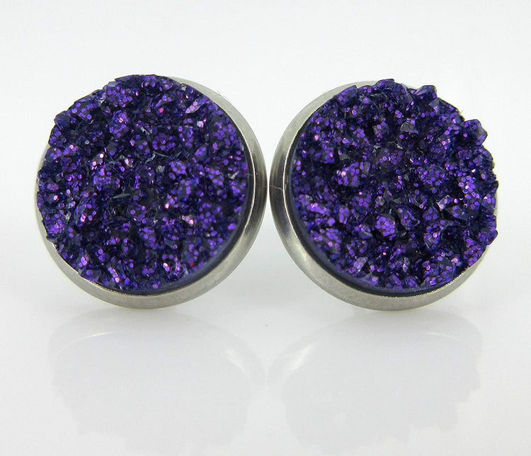 Stainless Steel Pink and Purple Glitter Faux Druzy Stone Stud Trio Earrings Set
