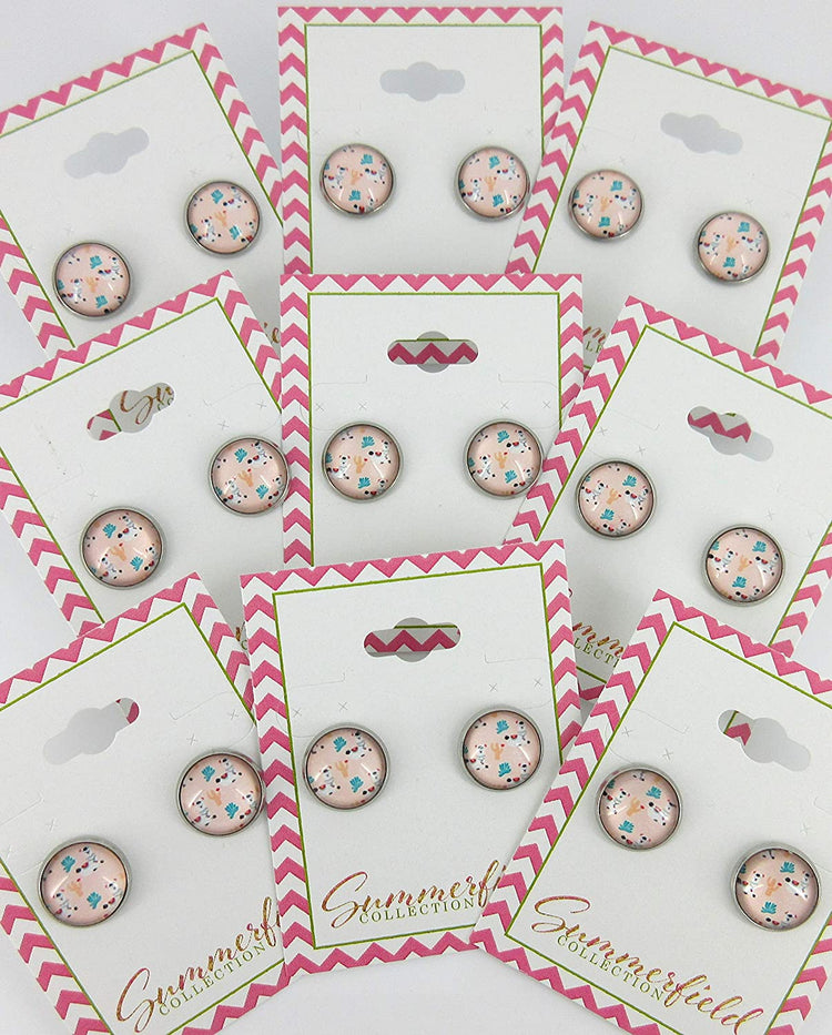 Stainless Steel Pink Llama Print Glass Stud Earrings 12mm