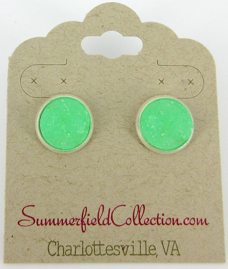 Silver-tone Mint Green Faux Druzy Stone Stud Earrings 12mm