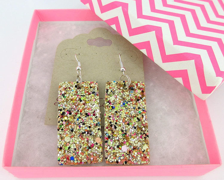 Silver-tone Glitter Faux Leather Large Rectangle Dangle Earrings (Gold and Rainbow)