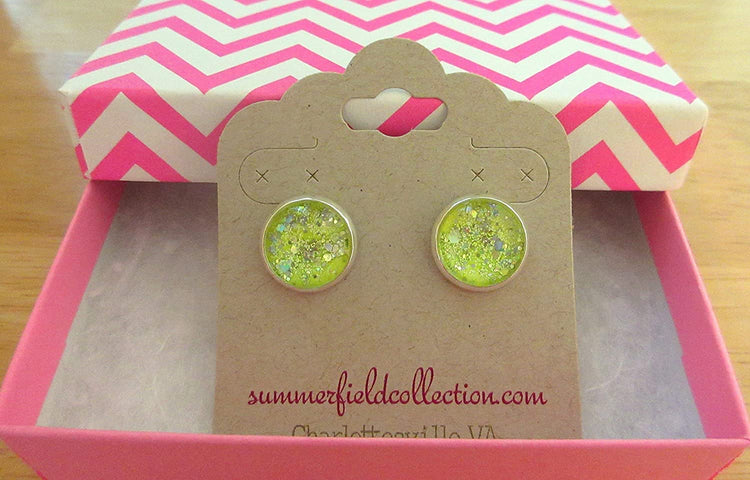 Silver-tone Neon Yellow Green Glitter Glass Stud Earrings Hand-painted 12mm