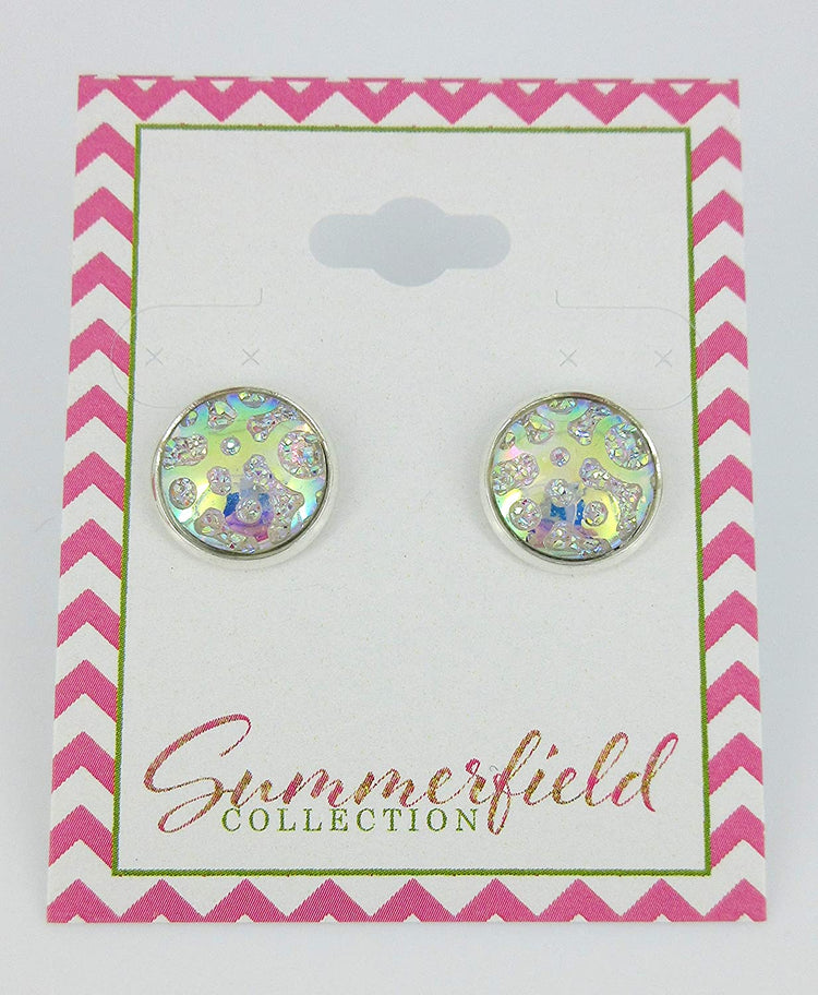Silver-tone Clear AB Frosted Metallic Rainbow Stud Earrings 12mm