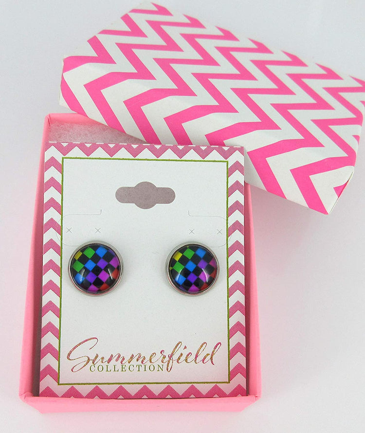 Stainless Steel Rainbow and Black Checkerboard Print Glass Stud Earrings 12mm