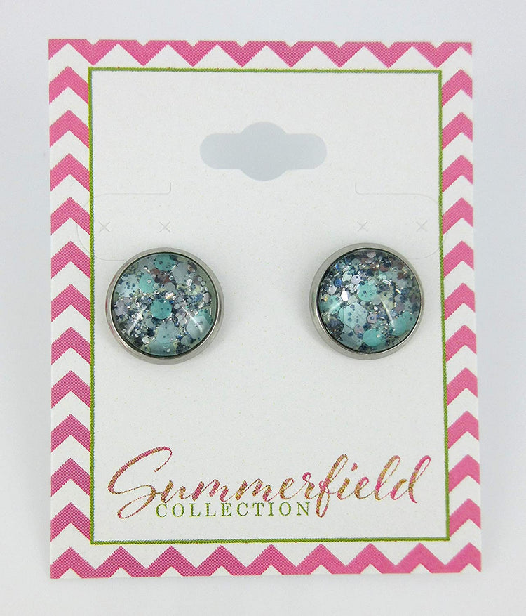 Stainless Steel Mint Green and Silver Glitter Glass Stud Earrings Hand-painted 12mm