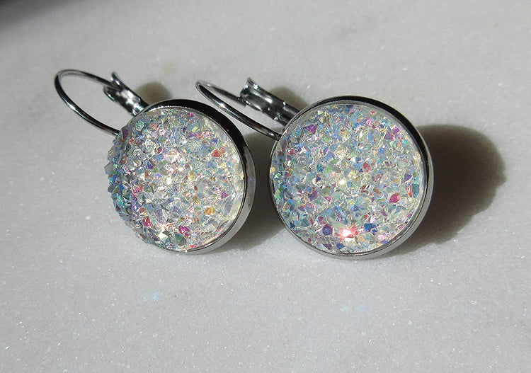 Stainless Steel Clear AB Faux Druzy Stone Lever-back Drop Earrings 14mm