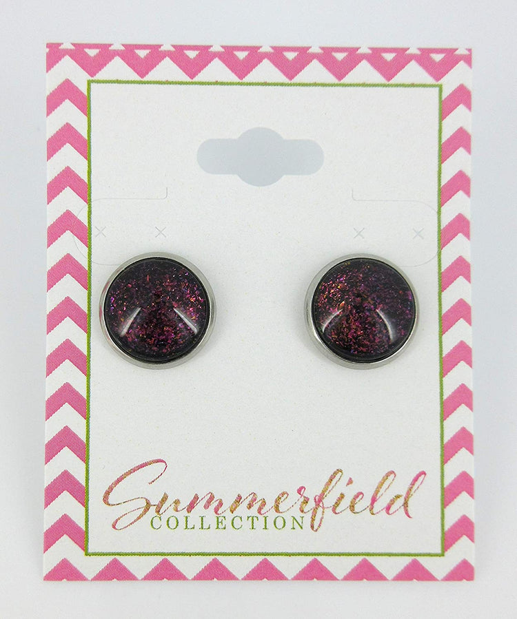 Stainless Steel Black Rainbow Duochrome Glitter Glass Galaxy Stud Earrings 1/2" Round