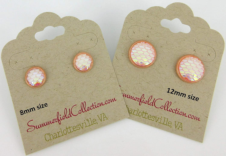 Rose Gold-tone Light Pink White AB Mermaid Scale Stud Earrings 12mm Dragon