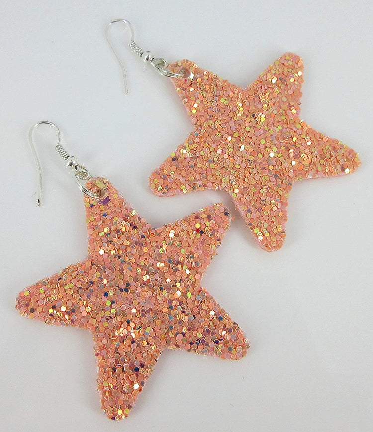 Pink Glitter Faux Leather Large Star Dangle Earrings