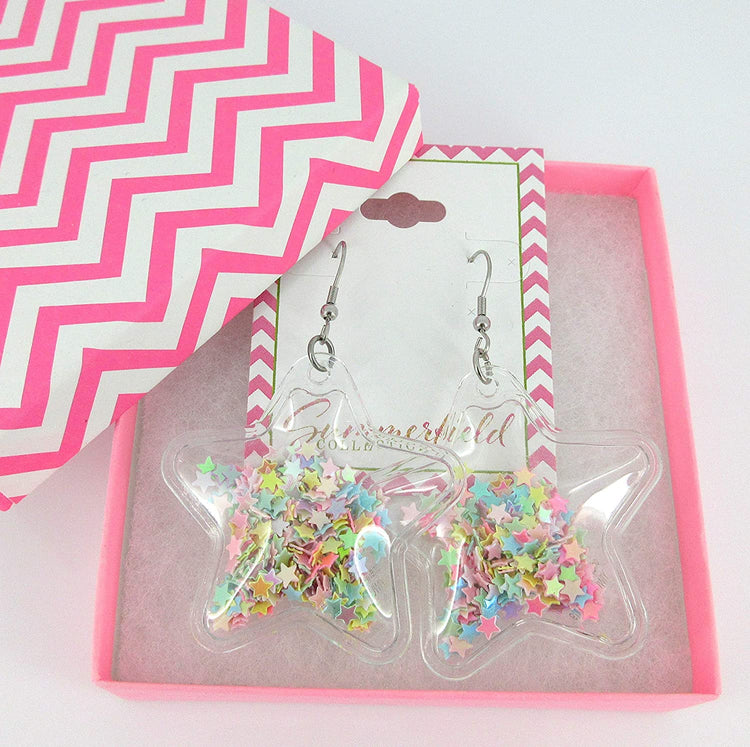 Multi Color Confetti Glitter Shaker Large Star Dangle Earrings Stainless Steel