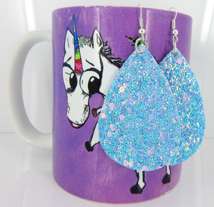 Silver-tone Glitter Faux Leather Large Teardrop Dangle Earrings