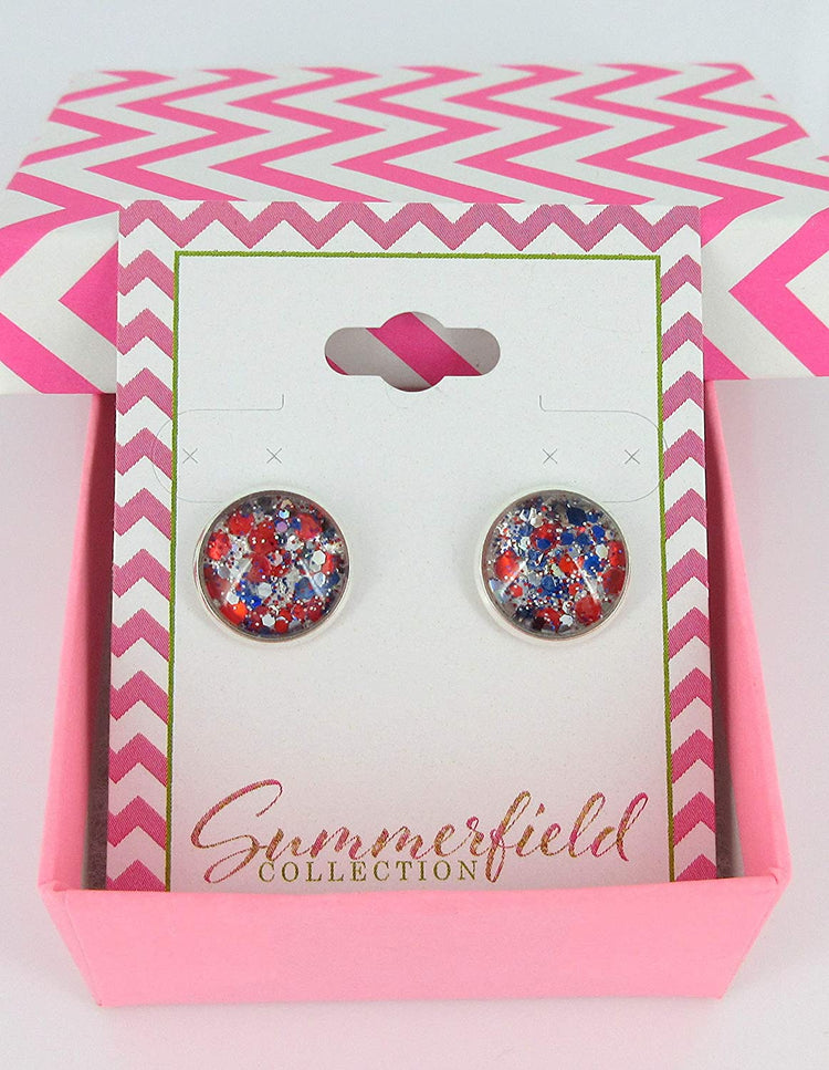 Silver-tone Patriotic Glitter Glass Stud Earrings Hand-painted 12mm