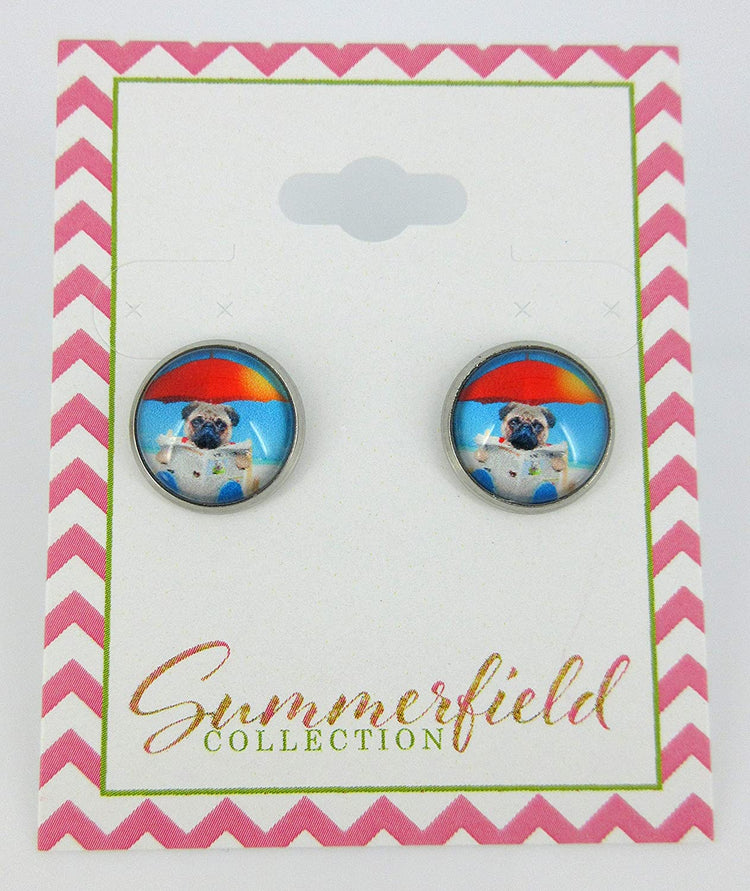Stainless Steel Pug Dog on the Beach Print Glass Stud Earrings 12mm