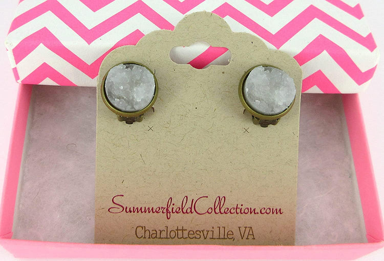 CLIP-ON Antiqued Gold-tone Faux Druzy Stone Stud Earrings 12mm (Clear)