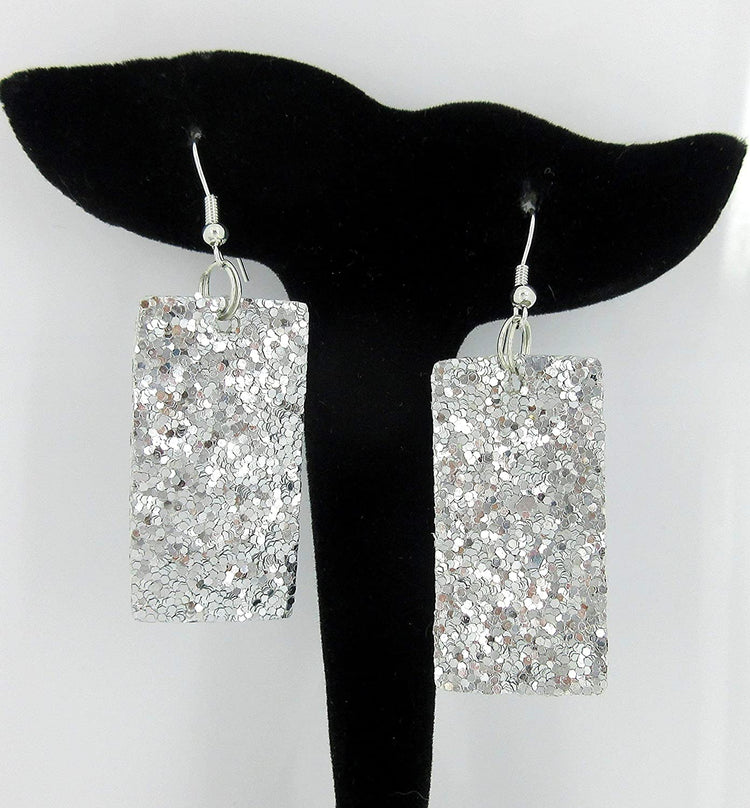 Silver Glitter Faux Leather Large Rectangle Dangle Earrings