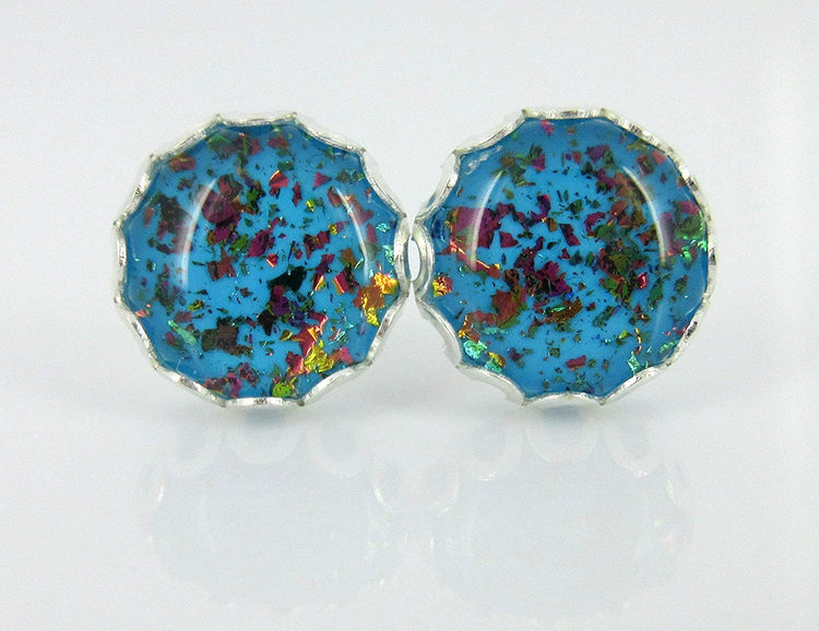 Silver-tone Aqua Blue and Rainbow Flake Glass Stud Earrings Hand-painted 10mm