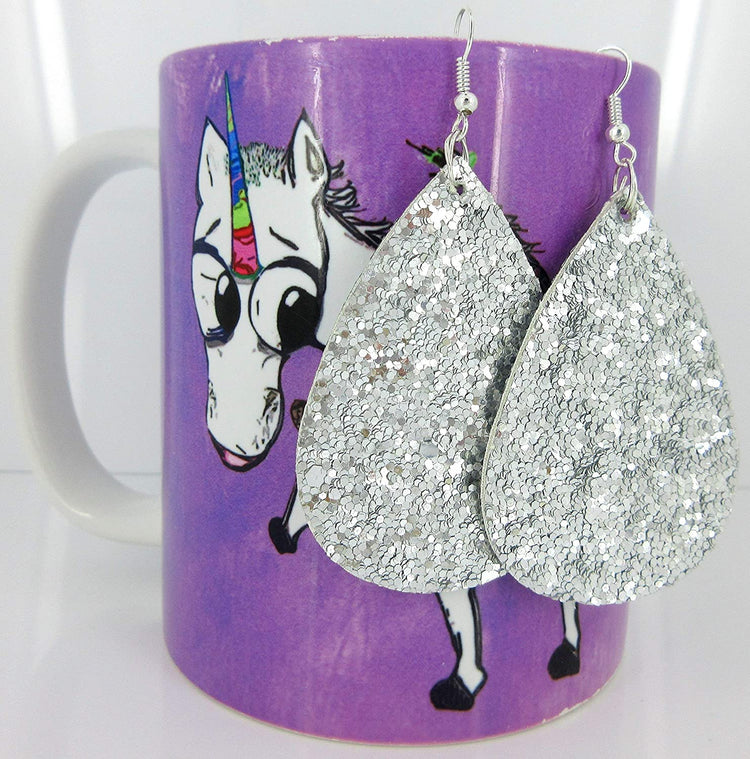 Silver Glitter Faux Leather Large Teardrop Dangle Earrings