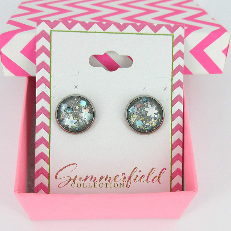 Stainless Steel Gray Snowfall Glitter Glass Stud Earrings Hand-painted 12mm