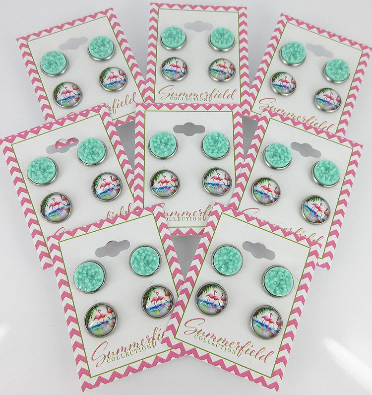 Duo Stud Earrings Stainless Steel Sweet Mint Green Faux Druzy Stone and Flamingo Print Glass 12mm Set