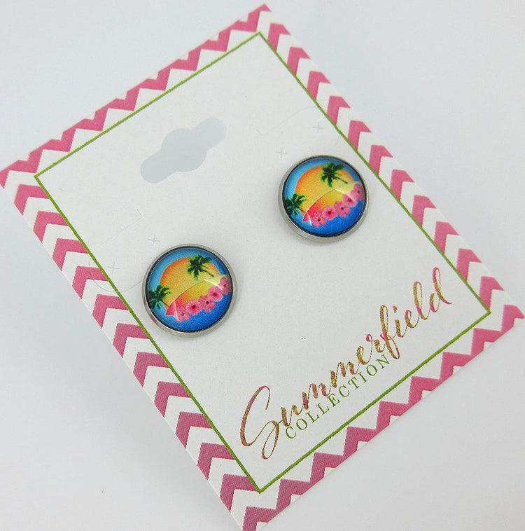 Stainless Steel Retro Tropical Sunset Palm Tree Print Glass Stud Earrings 12mm Hibiscus Flower