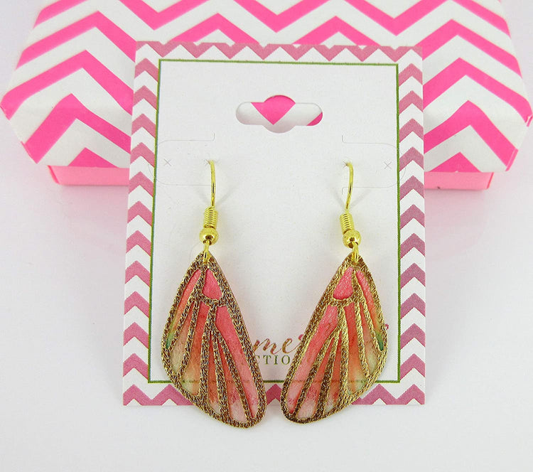Red Orange Butterfly Wing Fabric Dangle Earrings