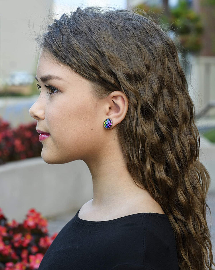 Stainless Steel Rainbow and Black Checkerboard Print Glass Stud Earrings 12mm