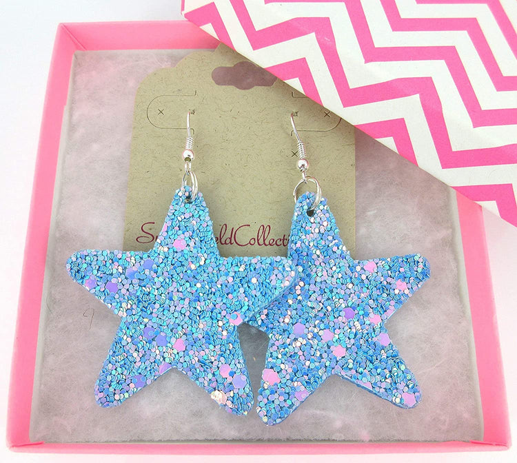 Sky Blue and AB Glitter Faux Leather Large Star Dangle Earrings