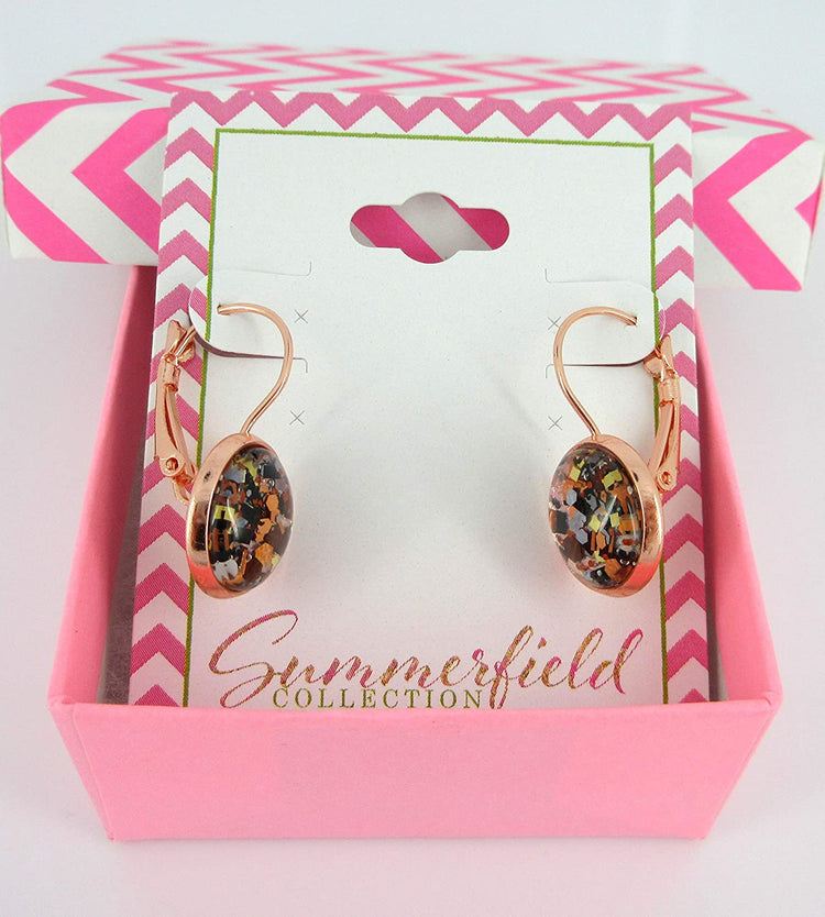 Rose Gold-Tone Pearly Silver and Black Glitter Glass Drop Earrings