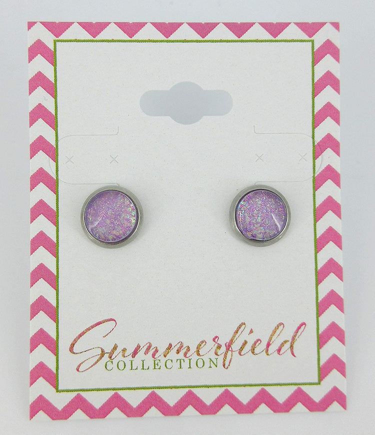 Stainless Steel Lavender Purple Glitter Flake Glass Stud Earrings Hand-painted 8mm