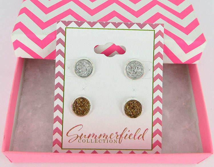Duo Silver-tone Clear and Light Brown Faux Druzy Stone Stud Earrings 8mm Set
