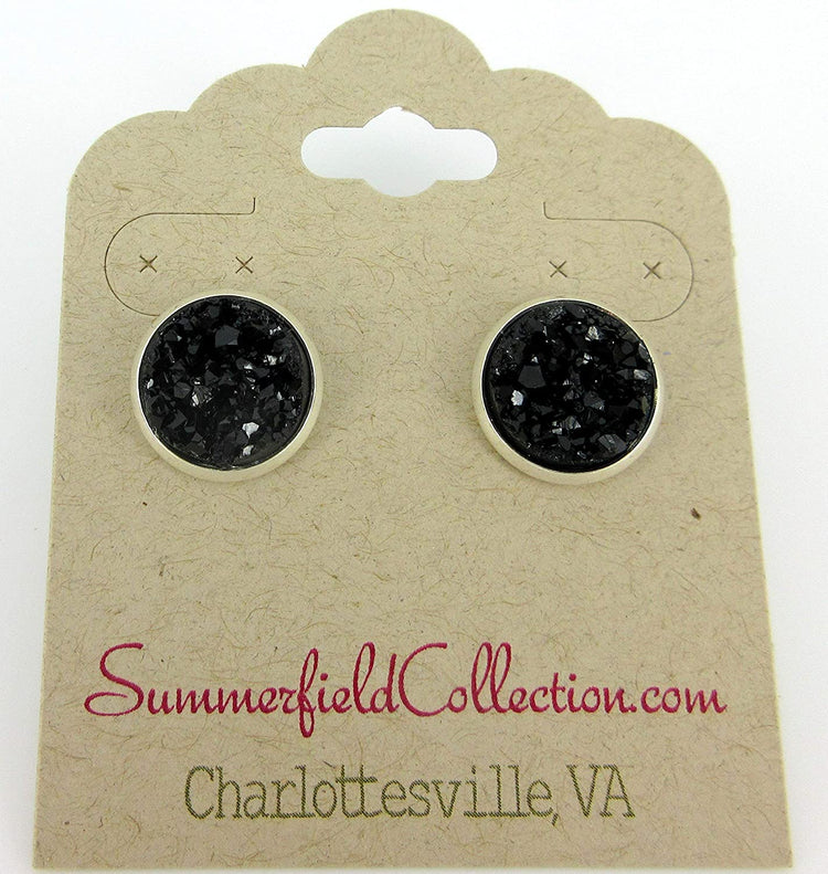 Silver-tone Black Faux Druzy Stone Stud Earrings 12mm
