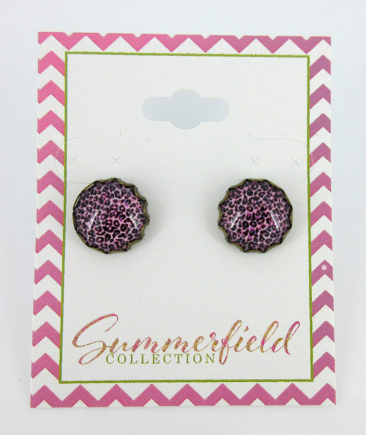 Antiqued Gold-tone Pink Purple Animal Print Glass Stud Earrings 12mm