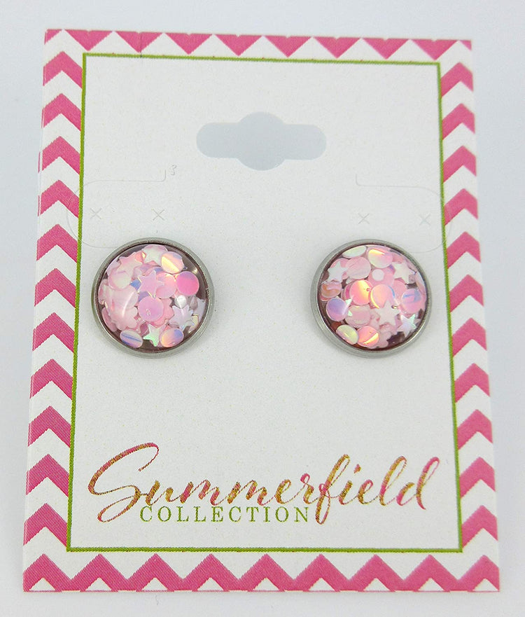 Stainless Steel Glitter Resin Globe Stud Earrings 12mm Ballet Pink