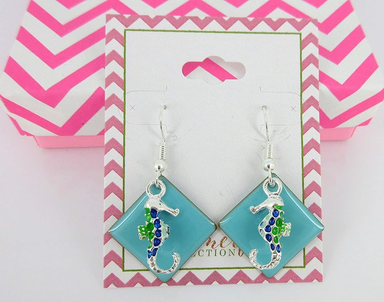 Silver-tone Blue Enamel Seahorse Charm Dangle Earrings