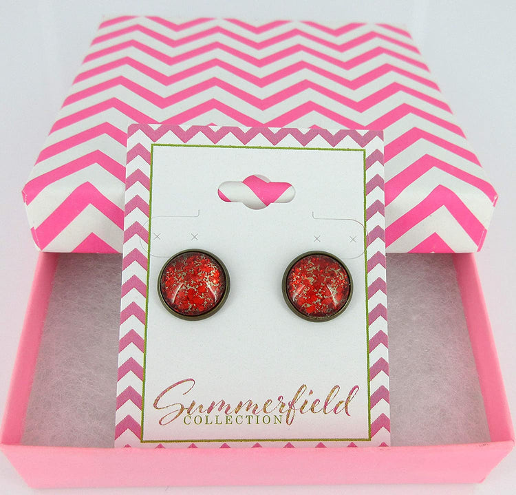 Antiqued Gold-tone Red Glitter Glass Stud Earrings Hand-painted 12mm